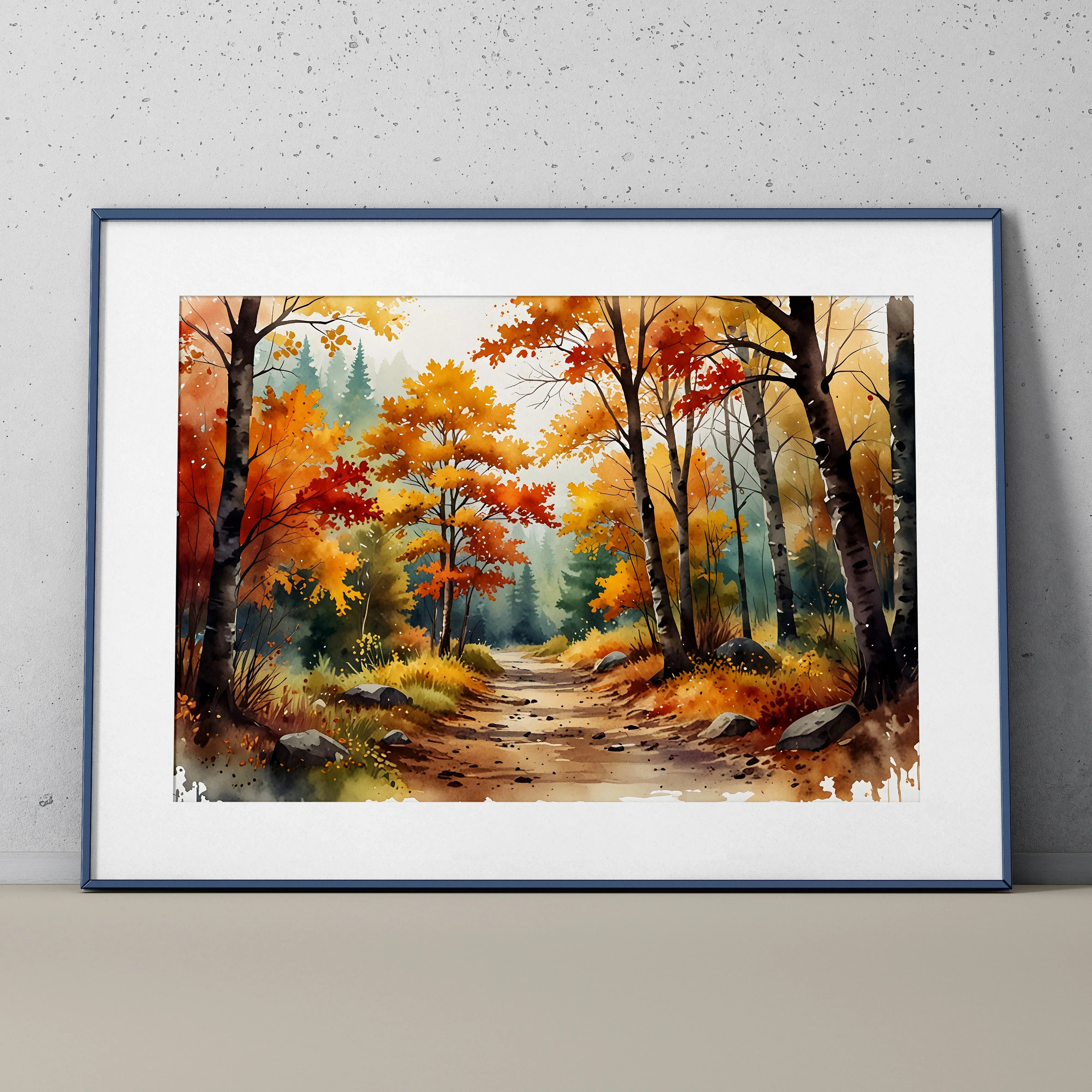 Autumn forest watercolor poster with vibrant orange and yellow trees along a winding dirt path, framed wall art.