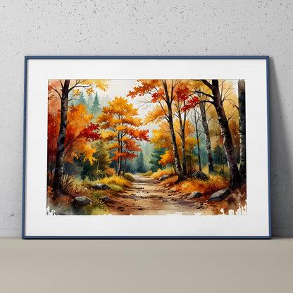 Autumn forest watercolor poster with vibrant orange and yellow trees along a winding dirt path, framed wall art.