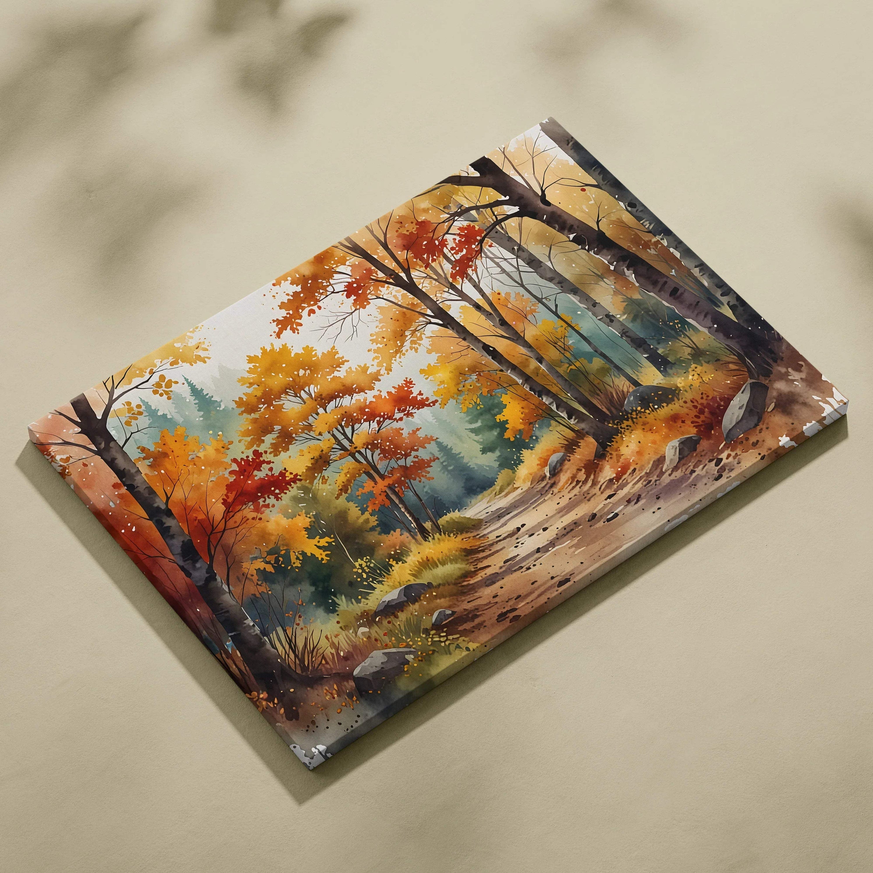 Autumn forest watercolor canvas wall art with vibrant orange and yellow trees along a winding path.
