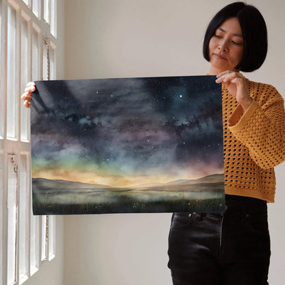 Starry night sky watercolor poster with dark clouds, stars, and distant horizon wall art.