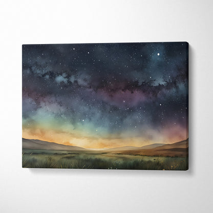 Watercolor canvas wall art depicting a starry night sky over a glowing horizon with rolling hills.
