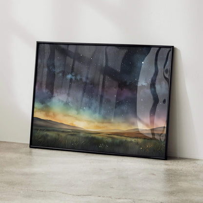 Starry night sky watercolor poster with dark blues, greens, and glowing horizon wall art.