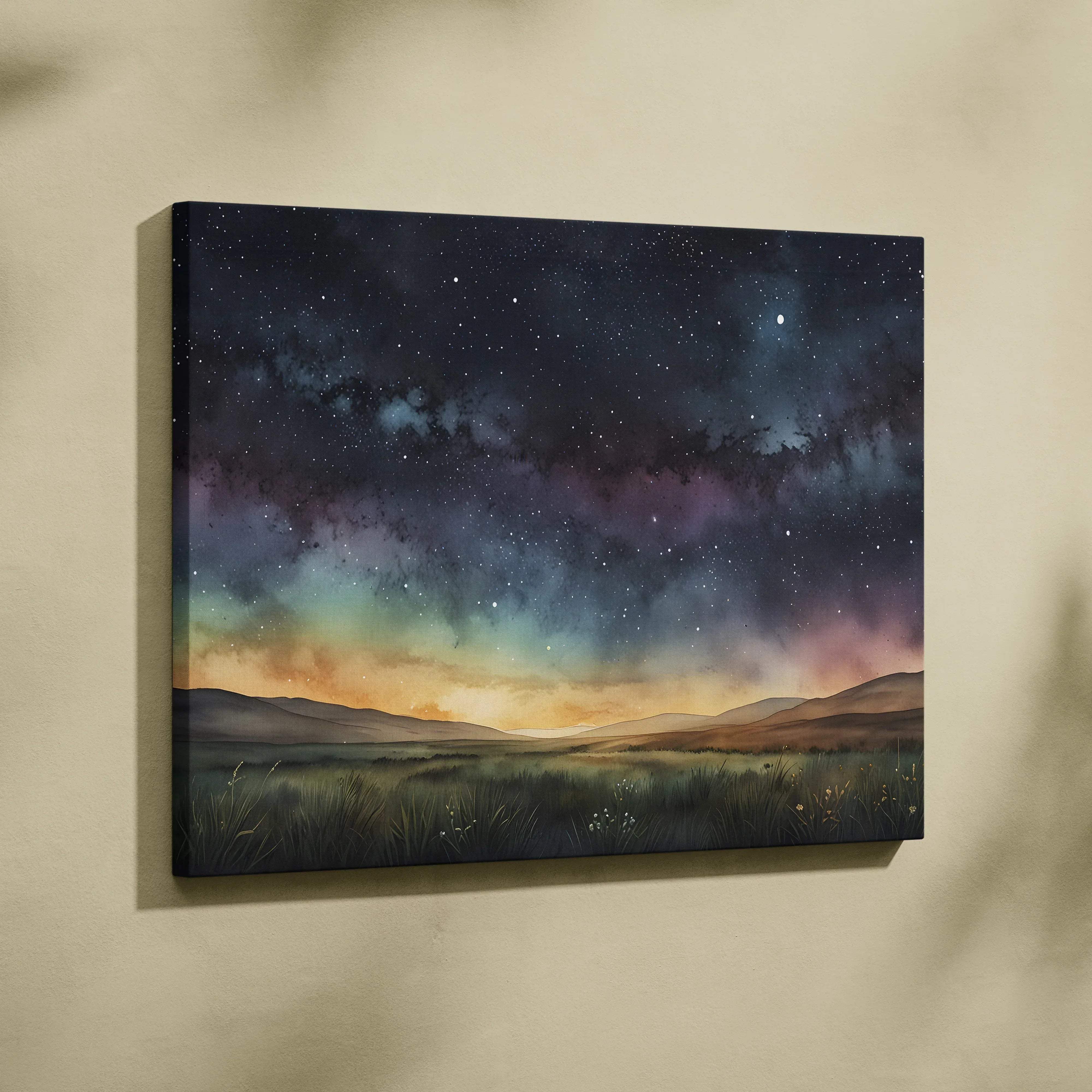 Watercolor starry night sky canvas wall art featuring vibrant purple and blue nebulae with twinkling stars above hills