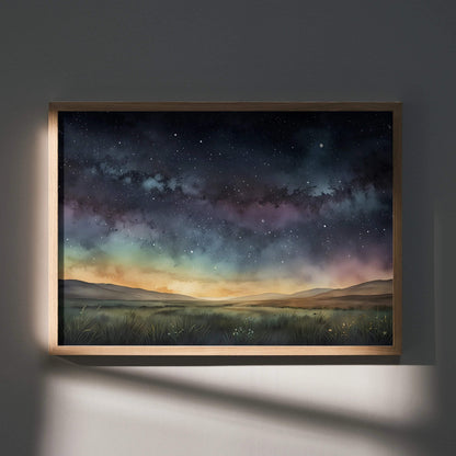 Starry night sky watercolor poster with dark clouds and glowing horizon wall art.