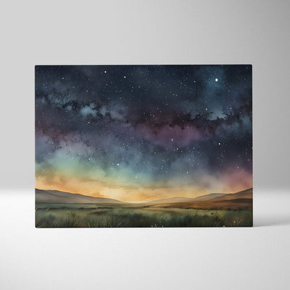 Watercolor starry night sky over rolling hills canvas wall art with rich colors and delicate stars.