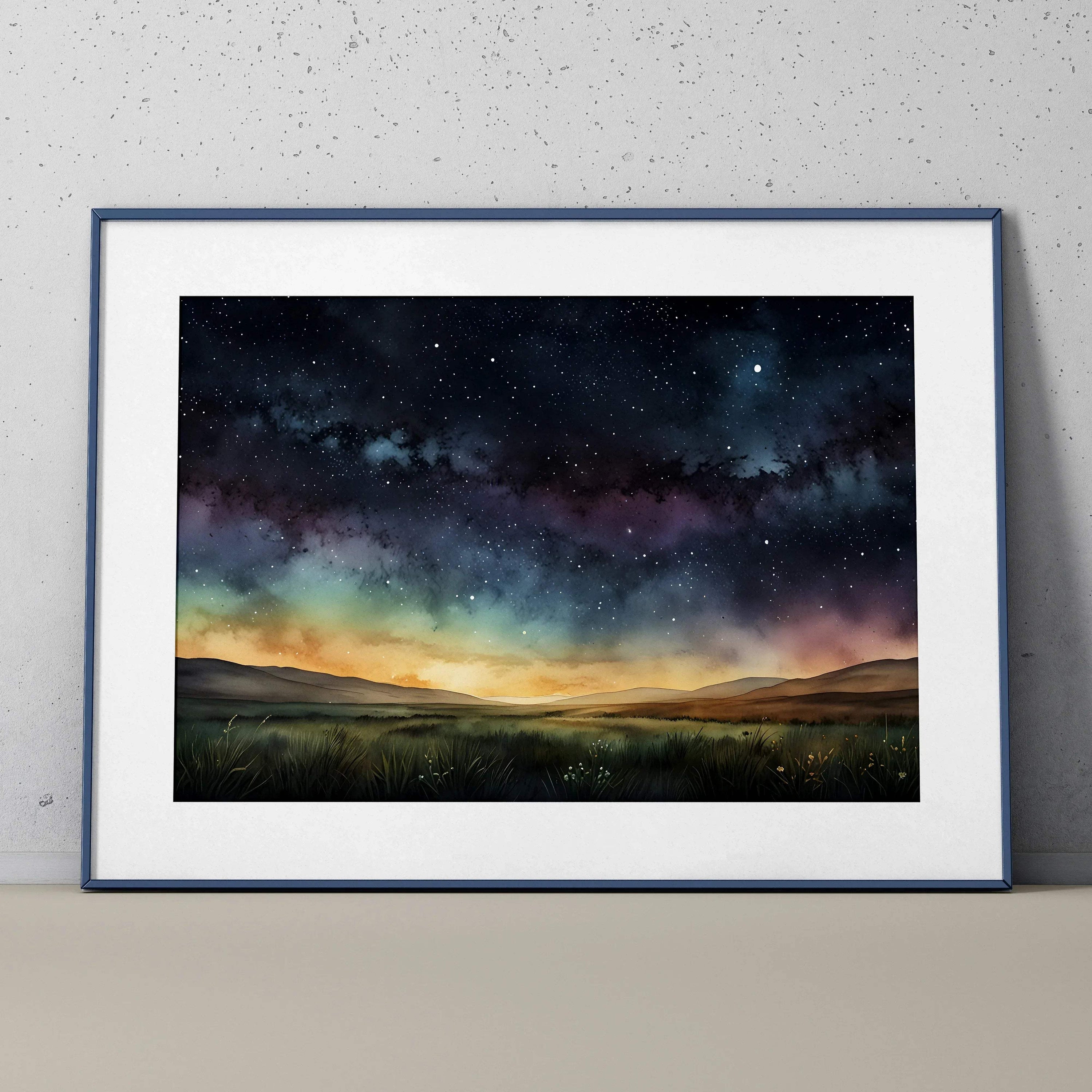 Starry night sky watercolor poster with glowing horizon and rolling hills wall art.