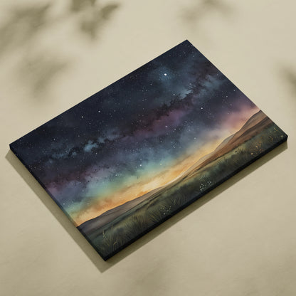 Watercolor starry night sky canvas wall art with dark blues and soft orange horizon.