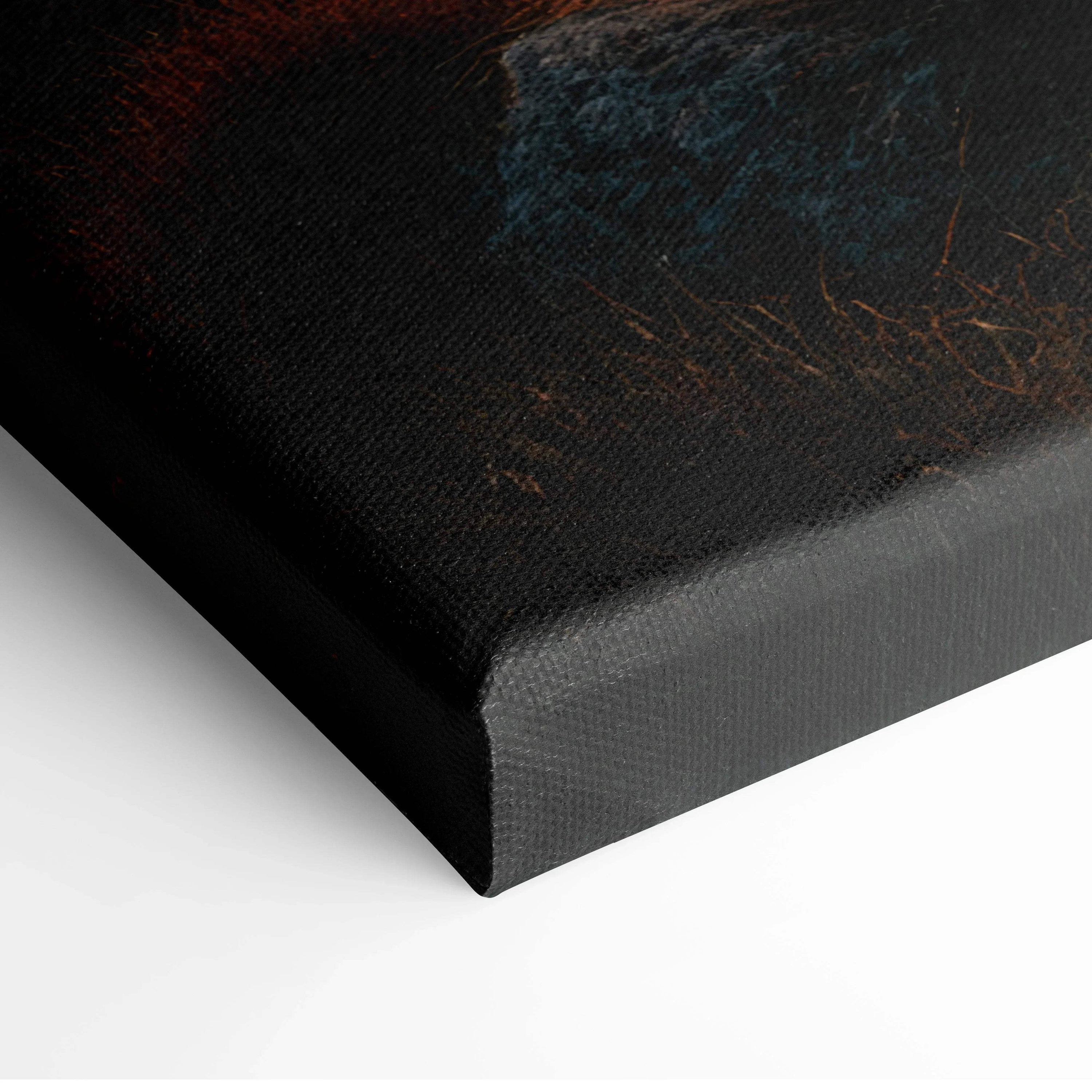 Canvas wall art corner showing textured black and dark orange abstract nature-inspired digital art print.
