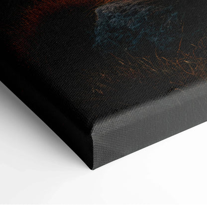 Canvas wall art corner showing textured black and dark orange abstract nature-inspired digital art print.