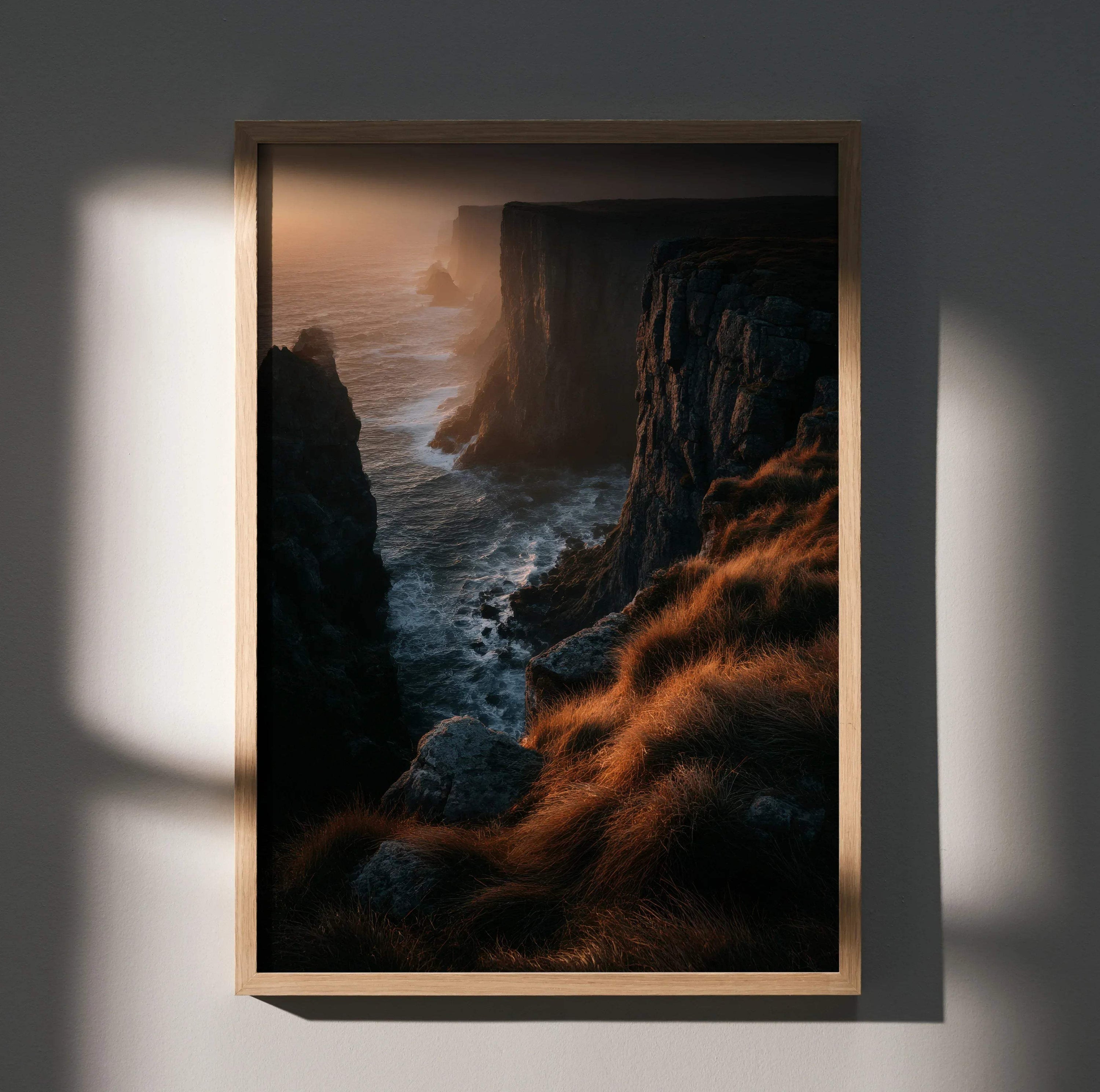 Sunset nature digital art poster with cliffs and ocean waves, warm golden light wall art.