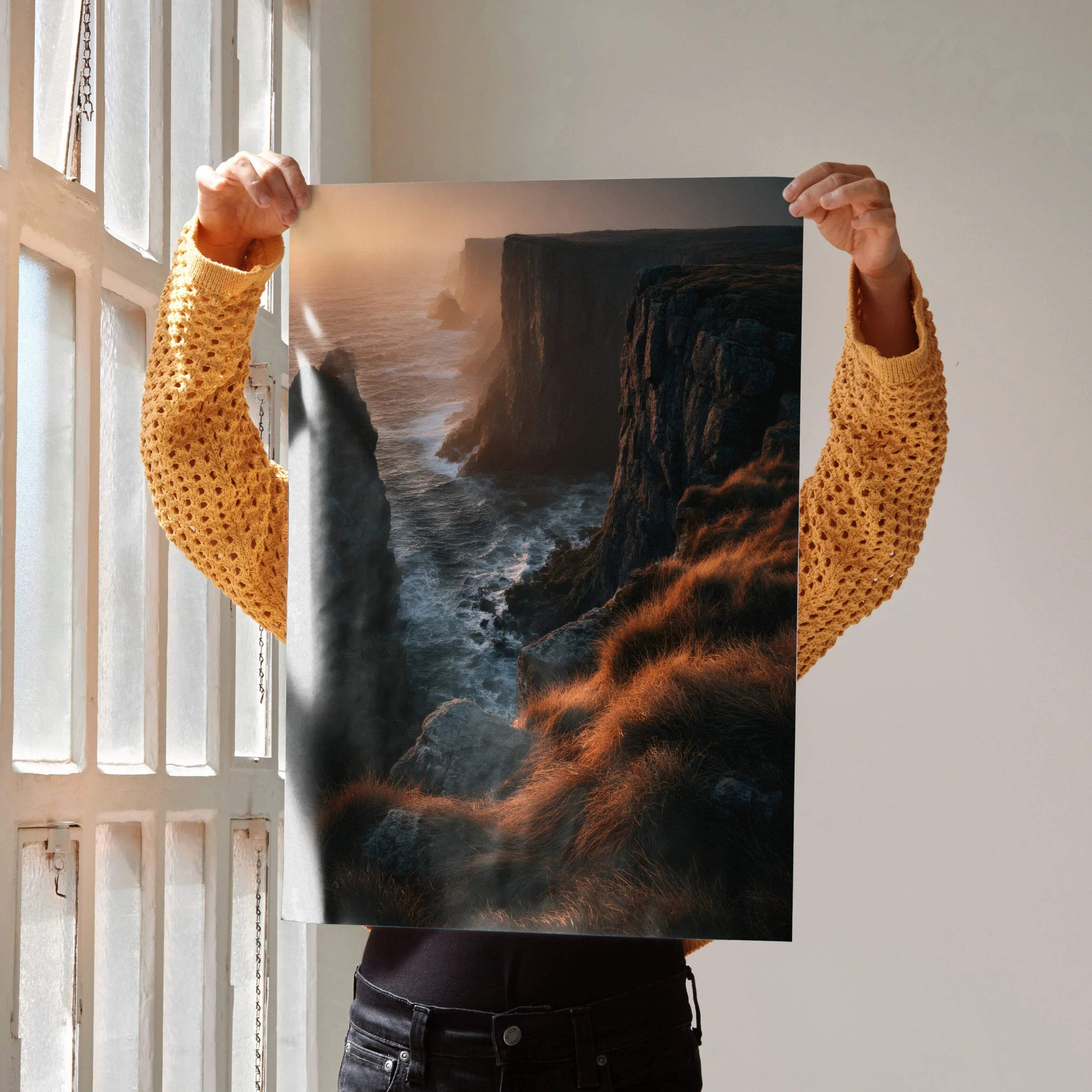 Vertical sunset nature art poster featuring rugged cliffs and ocean waves for wall art.