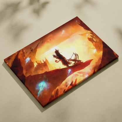 Apocalyptic Archer Silhouette in Burning Wasteland – Lone Hunter with Crossbow Amid Fiery Ruins and Floating Embers, Dark Fantasy Survival Wall Art Print