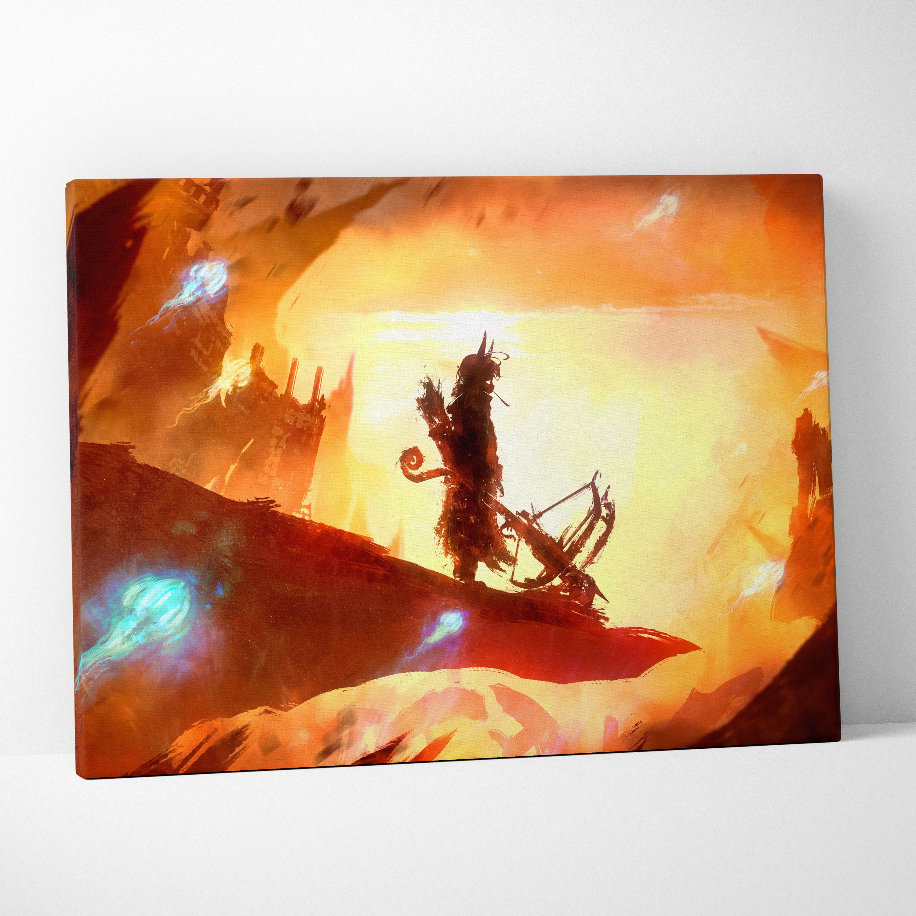 Apocalyptic Archer Silhouette in Burning Wasteland – Lone Hunter with Crossbow Amid Fiery Ruins and Floating Embers, Dark Fantasy Survival Wall Art Print