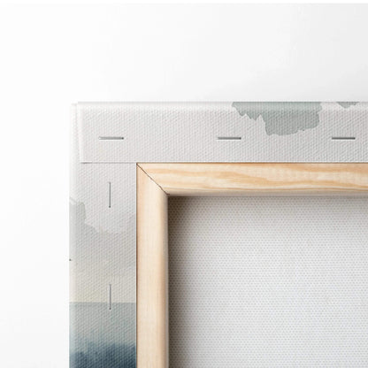Close-up of wooden frame and white canvas backing of watercolor lighthouse ocean wall art.