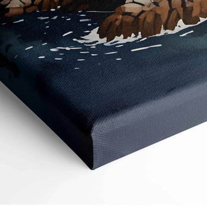 Watercolor lighthouse and rocky ocean scene on canvas wall art with dark blue waves.