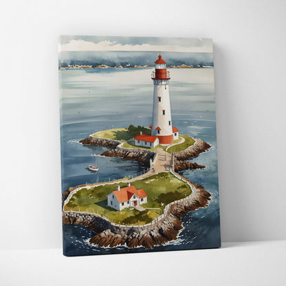 Vertical canvas wall art featuring a watercolor lighthouse on a rocky island surrounded by ocean.