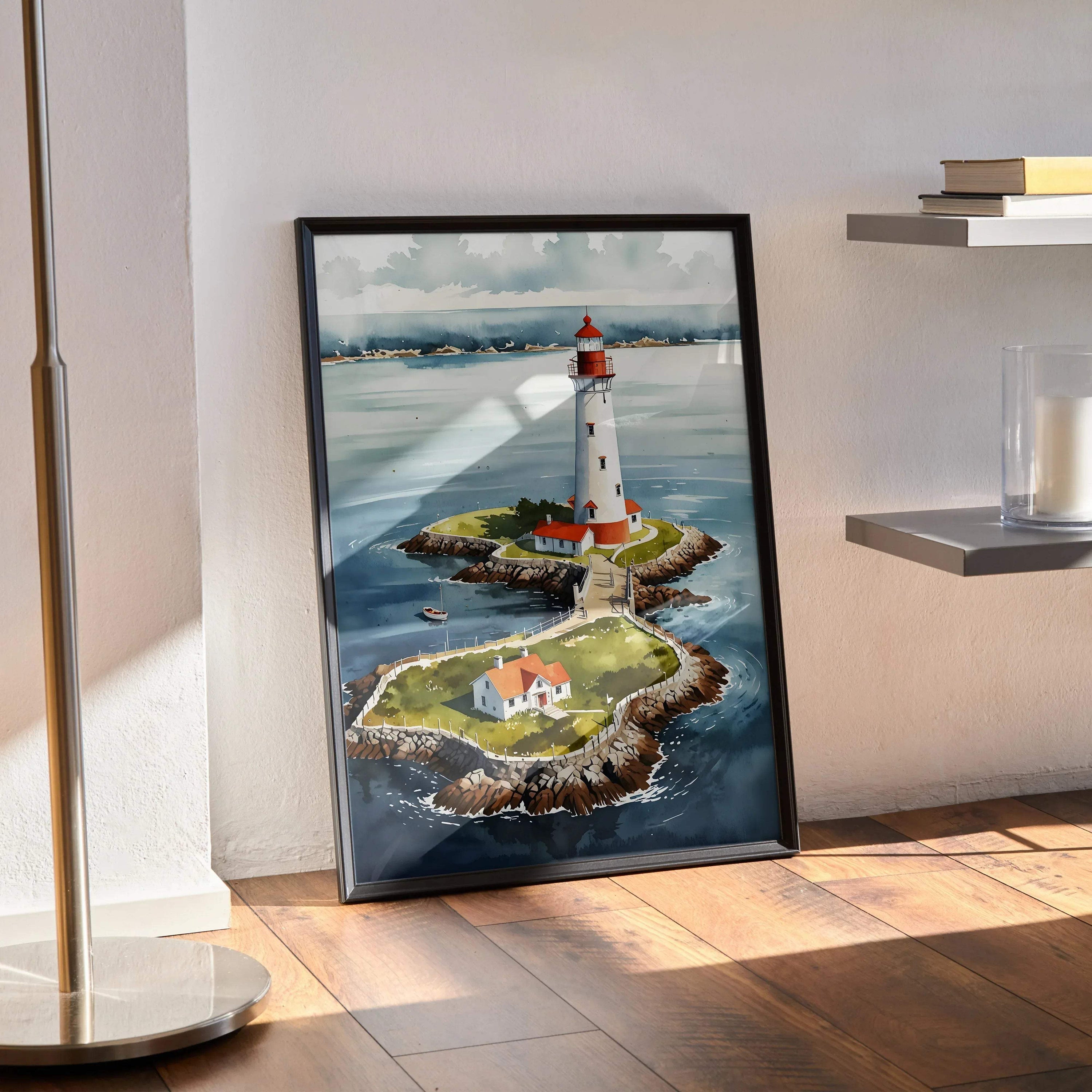 Vertical watercolor lighthouse poster with rocky island and surrounding sea as wall art.