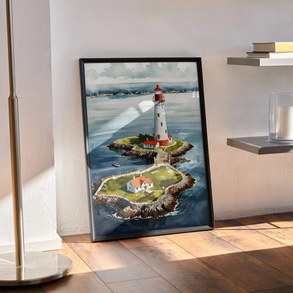 Vertical watercolor lighthouse poster with rocky island and surrounding sea as wall art.