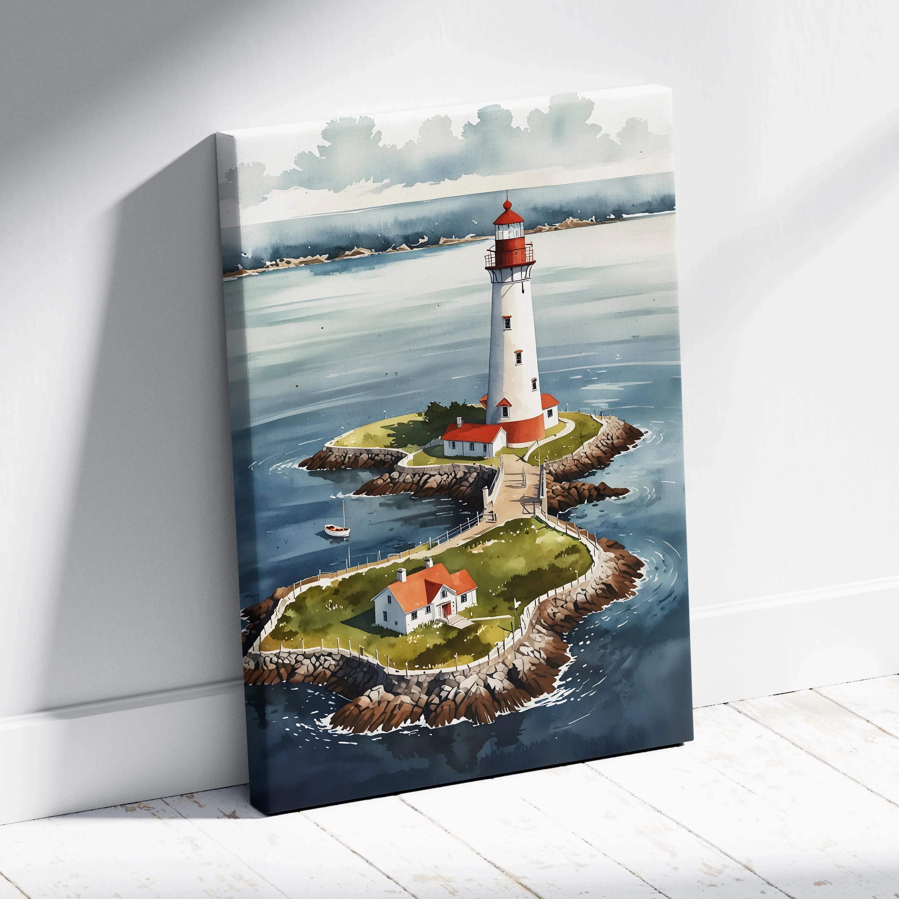 Vertical watercolor lighthouse canvas wall art featuring ocean and rocky island design.