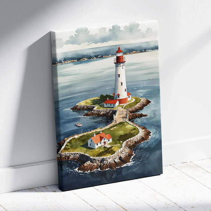 Vertical watercolor lighthouse canvas wall art featuring ocean and rocky island design.