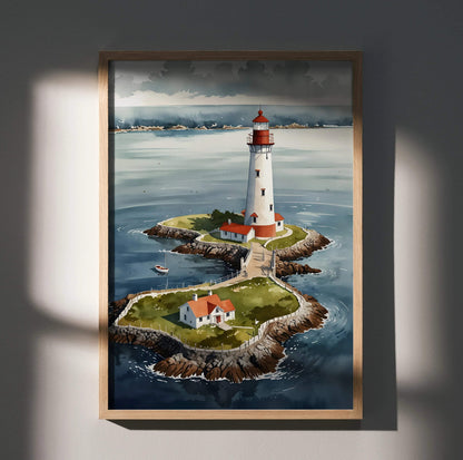 Serene watercolor style lighthouse poster with coastal island and nature scene wall art.