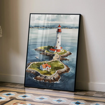Serene watercolor style lighthouse poster with rocky island and calm sea wall art.