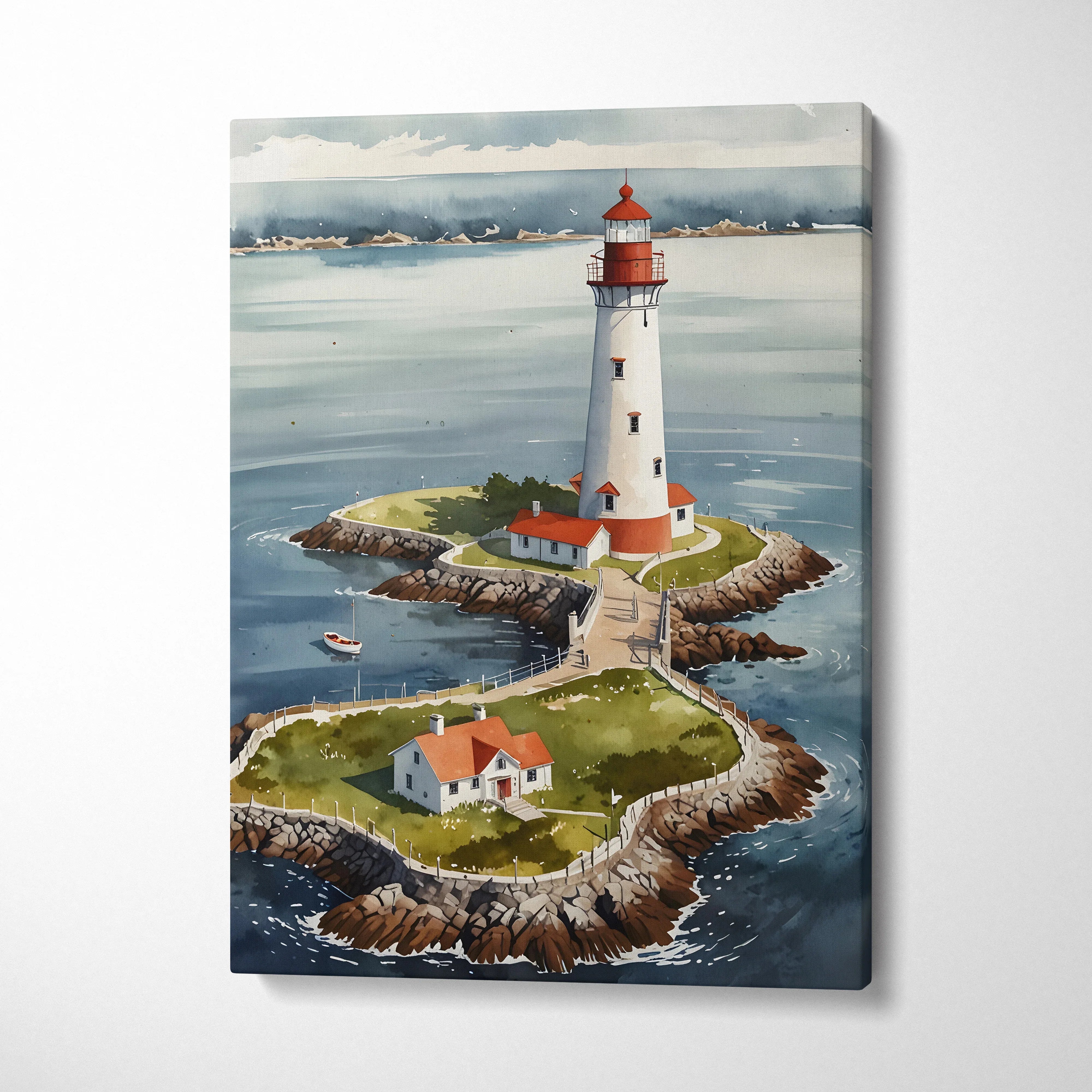 Vertical watercolor lighthouse and ocean scene on canvas wall art with small island and buildings.