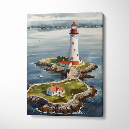 Vertical watercolor lighthouse and ocean scene on canvas wall art with small island and buildings.