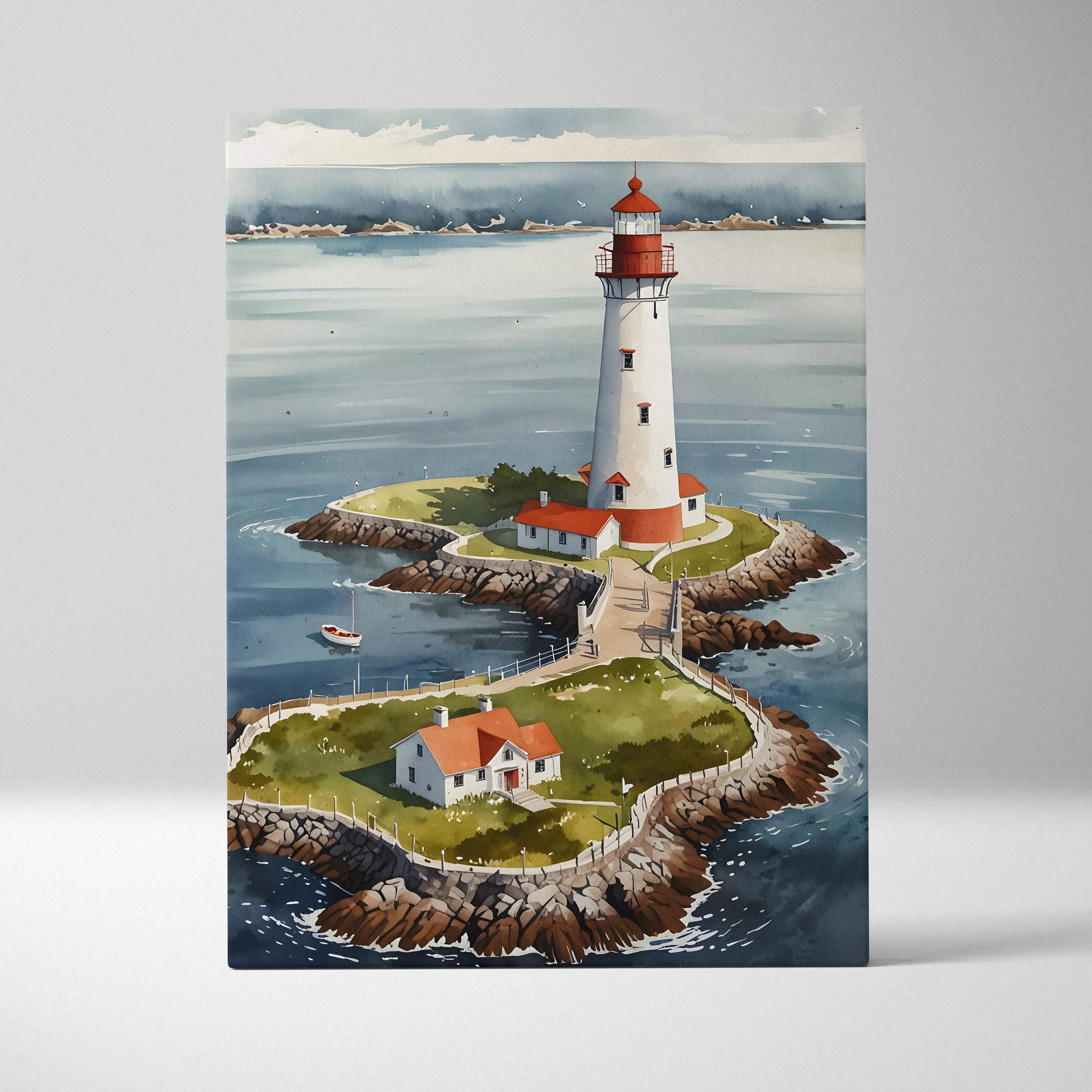 Watercolor lighthouse on rocky island with houses and ocean background canvas wall art.