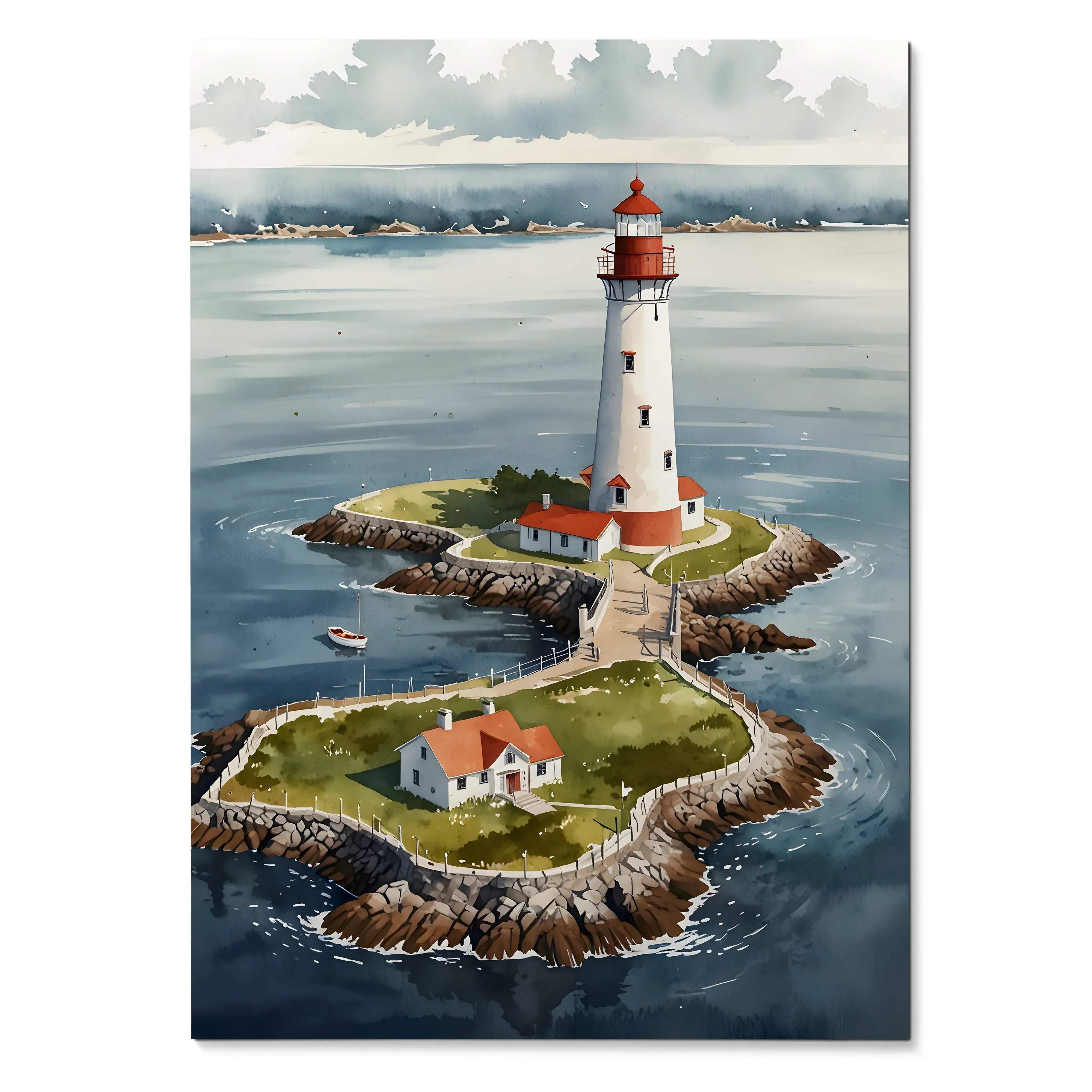 Vertical watercolor poster of a lighthouse on rocky islands surrounded by calm water wall art.
