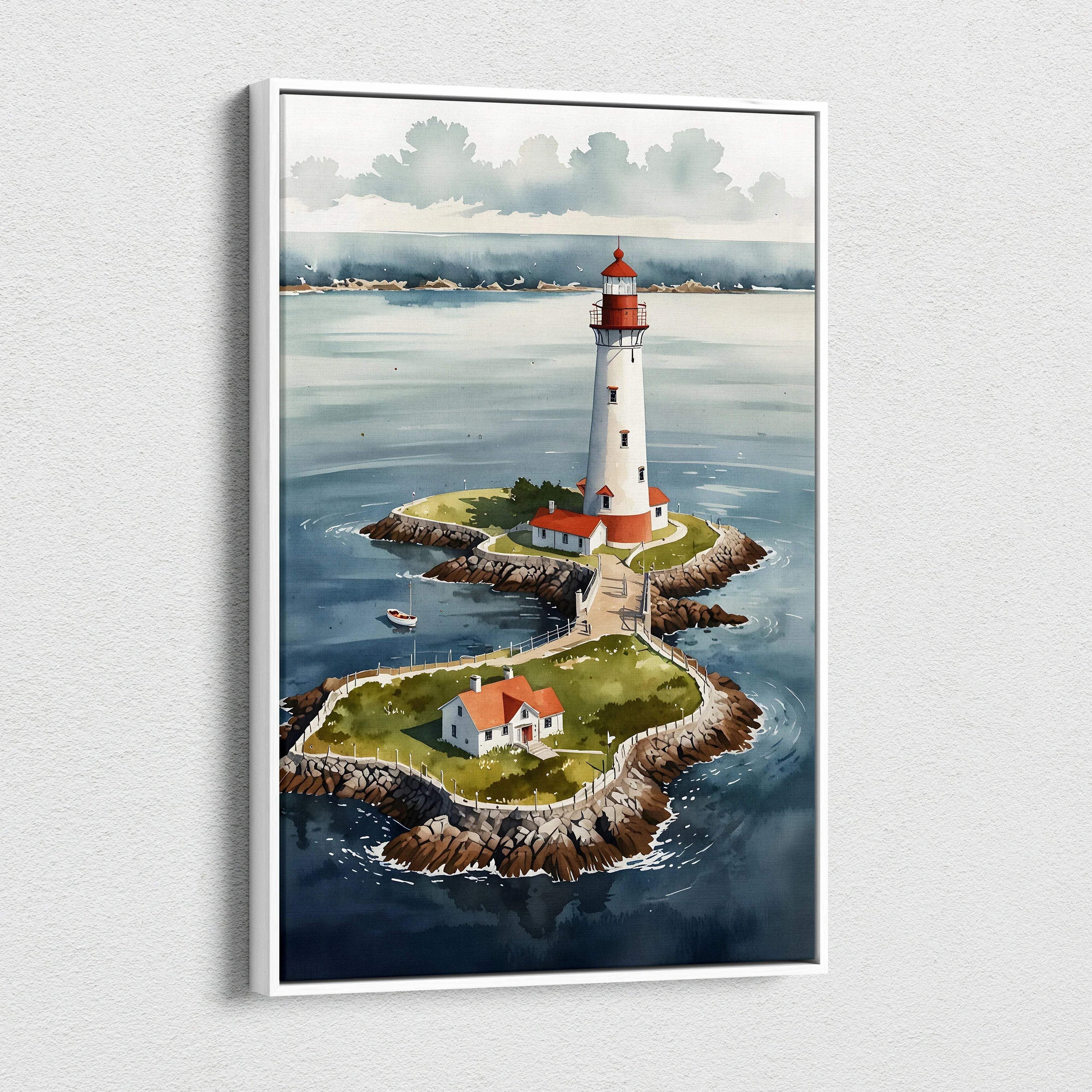 Vertical watercolor lighthouse canvas wall art showing coastal island with buildings and ocean background.