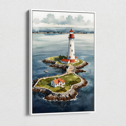 Vertical watercolor lighthouse canvas wall art showing coastal island with buildings and ocean background.