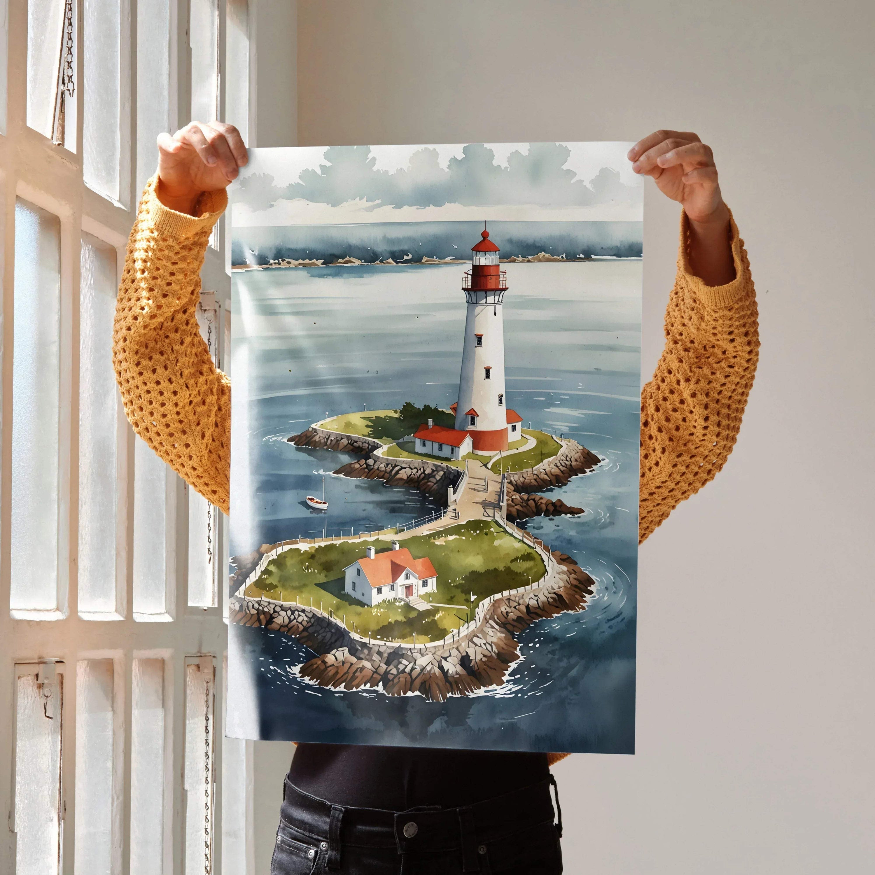 Watercolor lighthouse poster with rocky island and coastal nature, vertical wall art design.