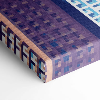 Blue city skyline pixel art canvas print featuring purple and blue pixelated minecraft design with beige border