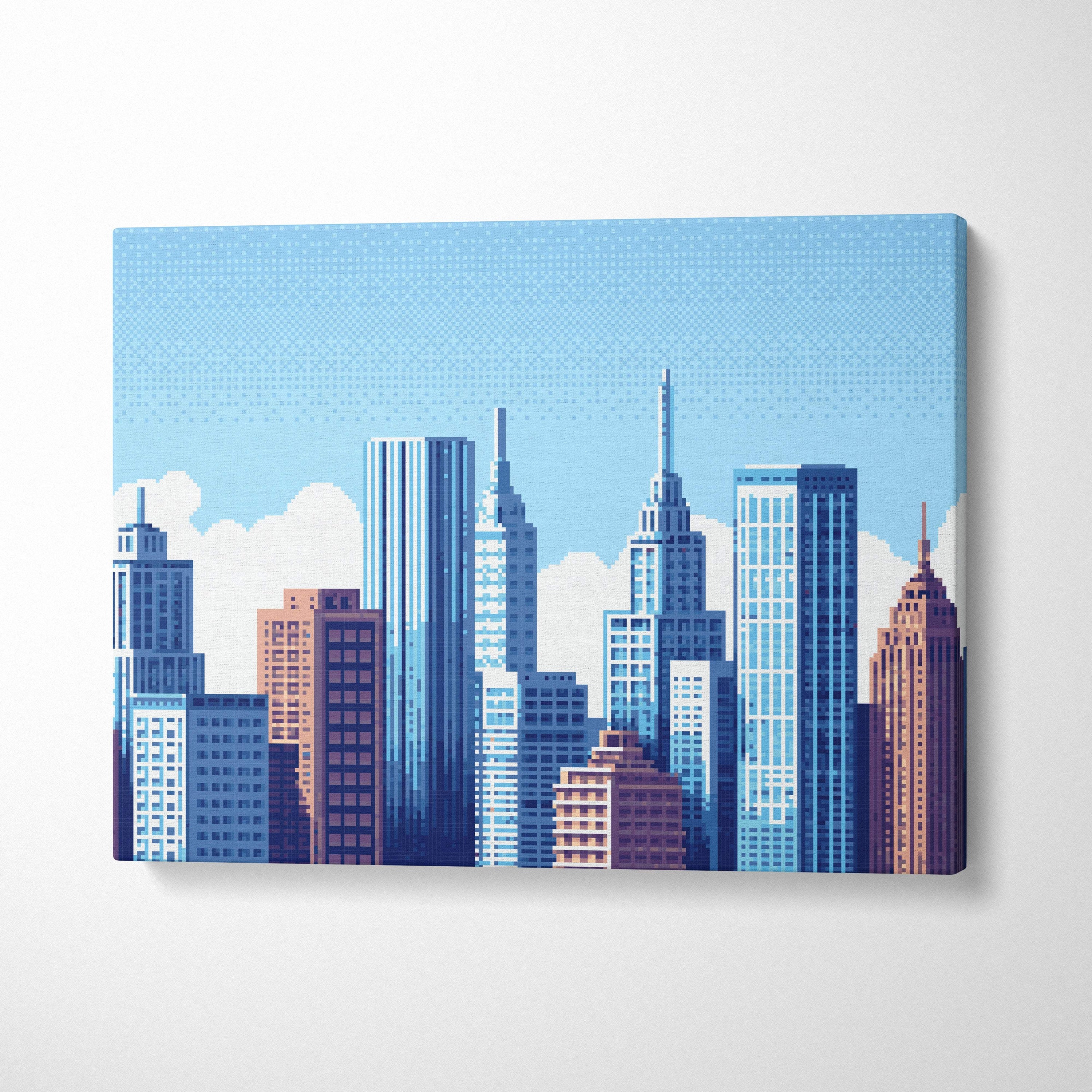 Blue city skyline pixel art canvas print featuring vibrant blue brown and white skyscrapers against a light blue sky