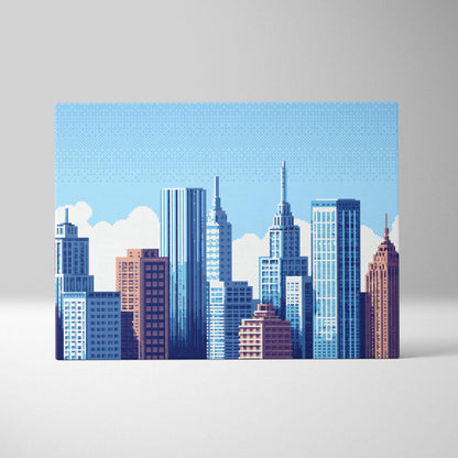 Blue and brown pixelated cityscape canvas print featuring modern urban skyline for bright office decor