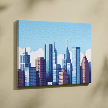 Blue city skyline pixel art canvas print featuring vibrant blue and purple buildings on a light blue sky background