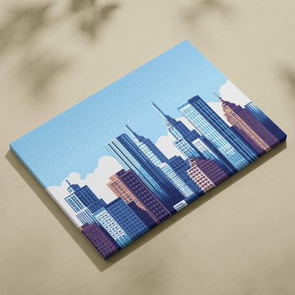Blue and purple city skyline pixel art canvas print with stylized skyscrapers for modern urban wall decor