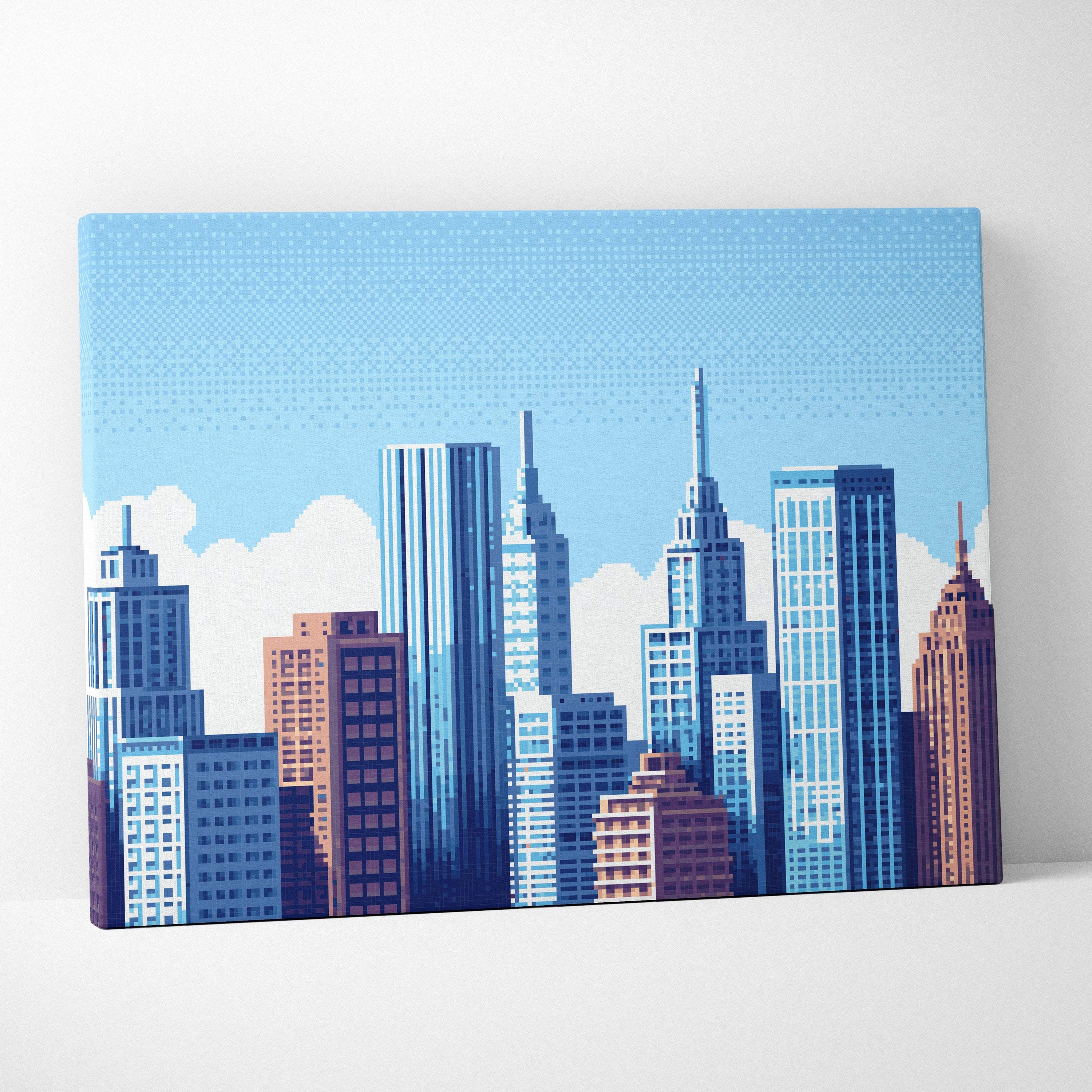 Blue and brown pixelated cityscape canvas print featuring modern urban skyline for bright office decor