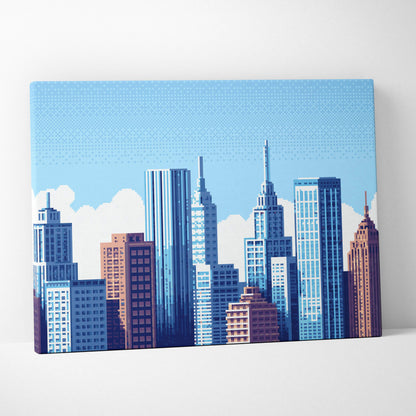 Blue and brown pixelated cityscape canvas print featuring modern urban skyline for bright office decor