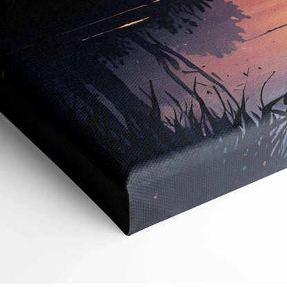Sunset watercolor canvas wall art print with nature-inspired silhouette and warm tones.
