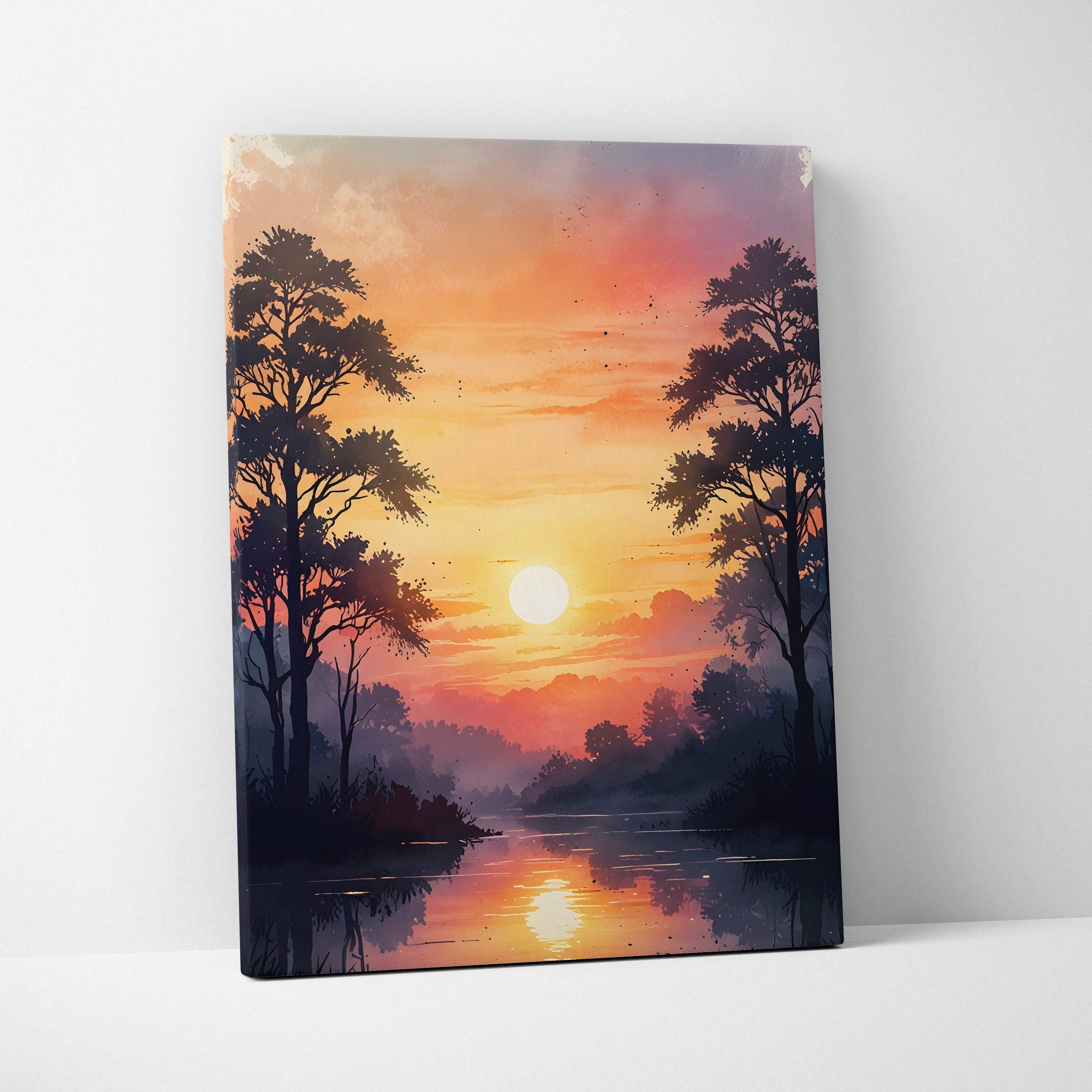 Sunset watercolor canvas wall art with silhouetted trees and reflective river scene.