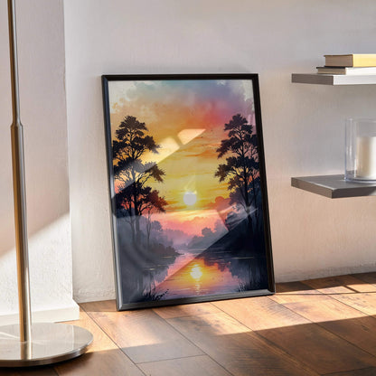 Vertical watercolor style sunset nature wall art poster with warm orange and pink hues, silhouetted trees, and reflective.