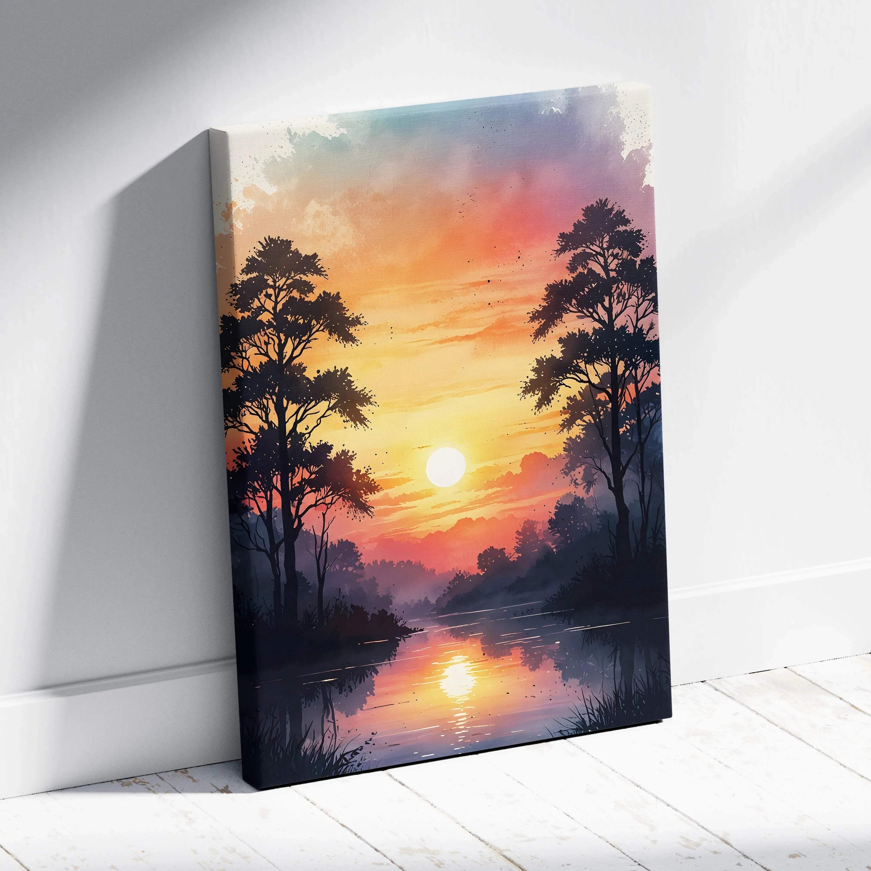 Canvas wall art featuring a vibrant watercolor sunset with silhouetted trees and reflective water.