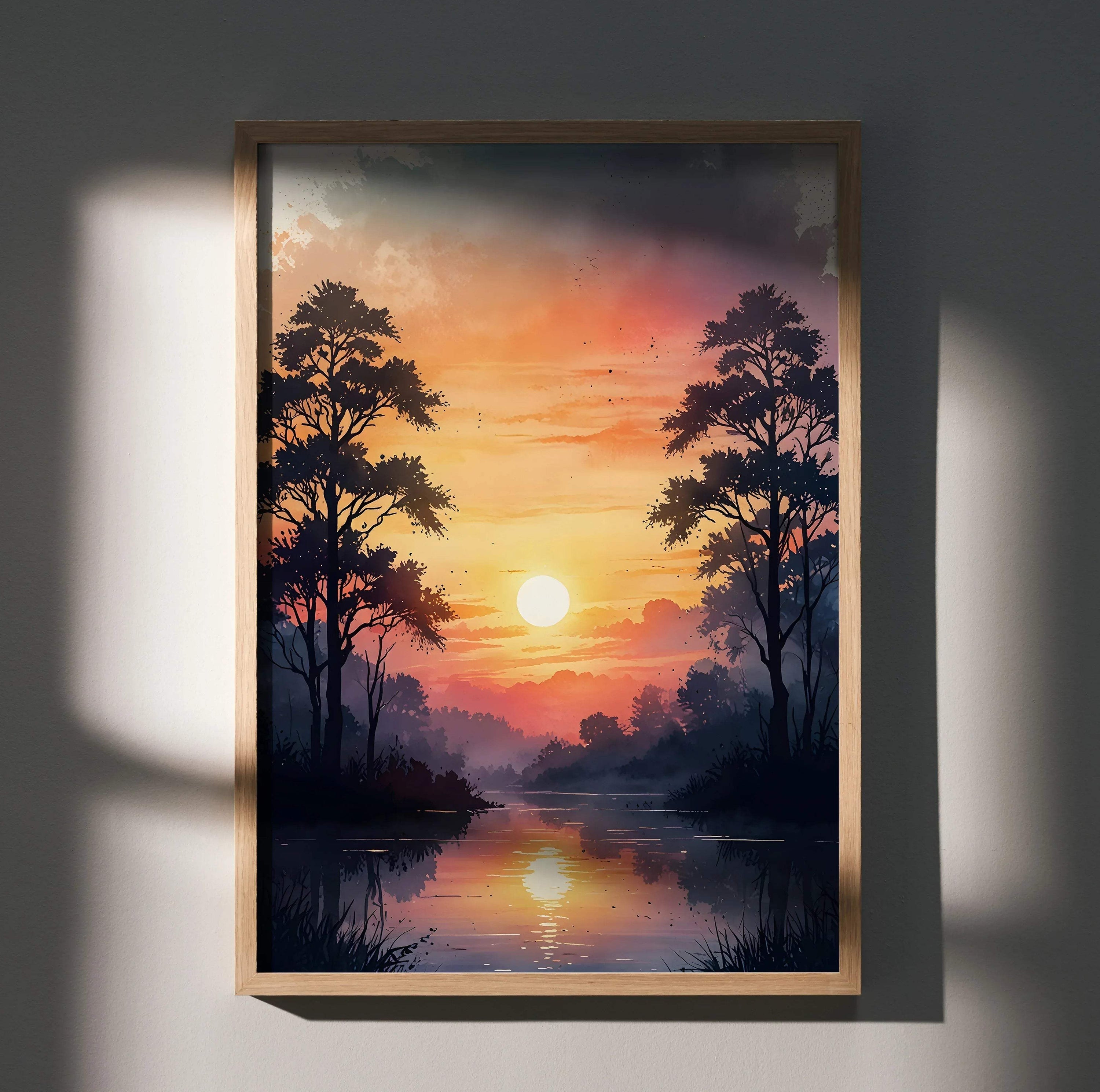 Vertical watercolor style sunset nature wall art poster with vibrant orange sky and silhouetted trees reflected in calm water.