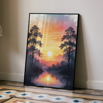 Vertical watercolor style sunset nature wall art poster with vibrant orange and purple hues, silhouetted trees, and.