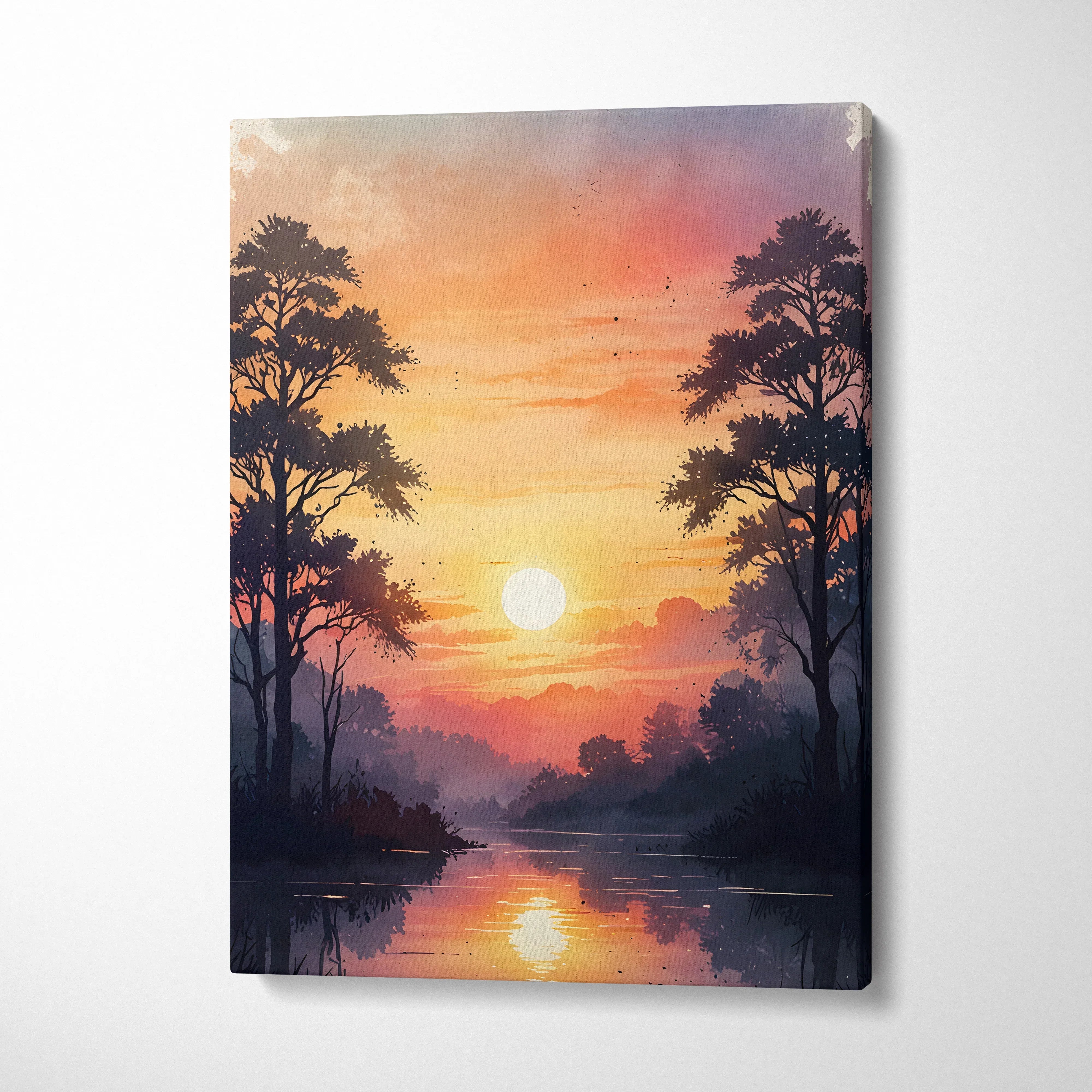 Vertical canvas wall art featuring a vibrant watercolor sunset with silhouetted trees and reflective river.