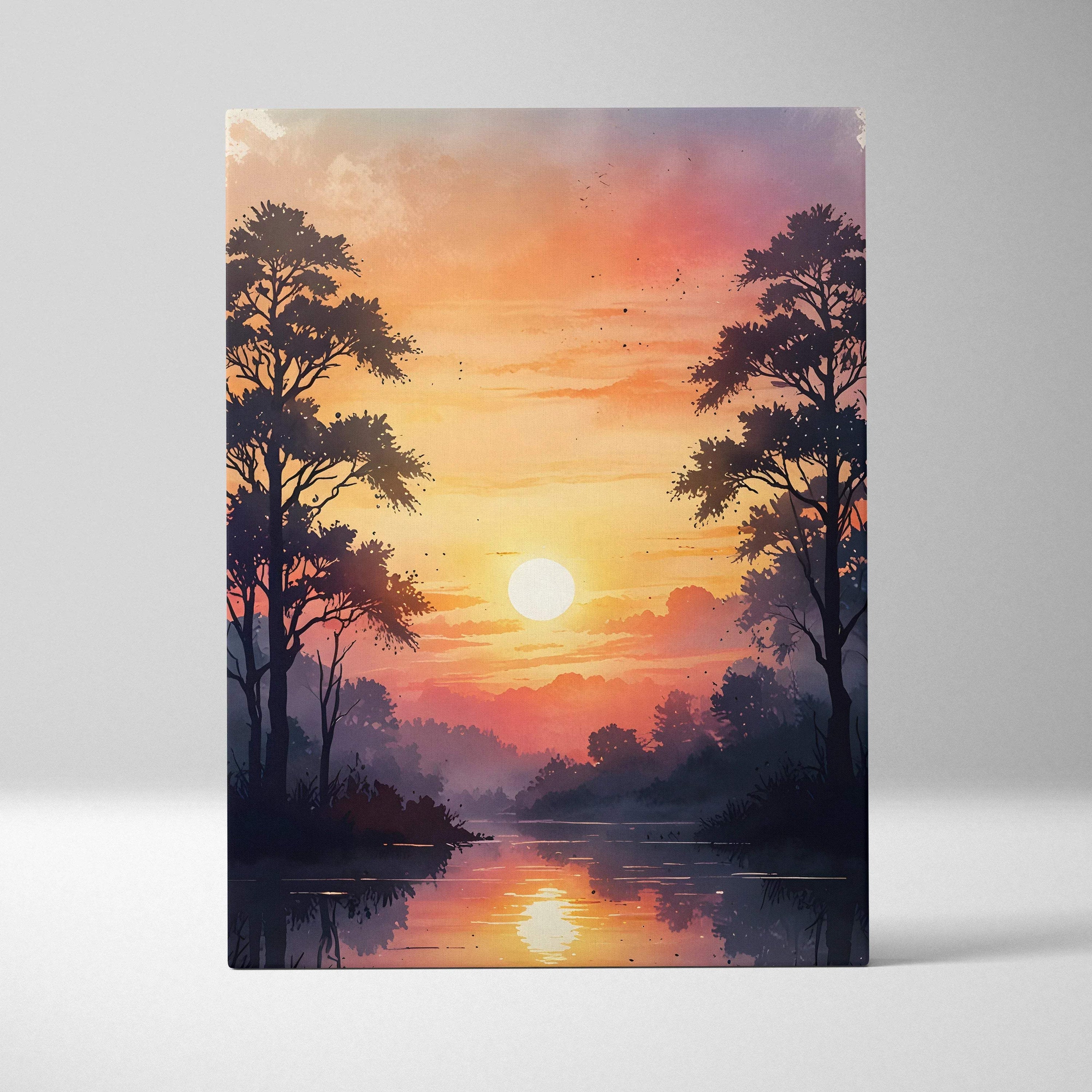 Vertical canvas wall art with vibrant watercolor sunset over river framed by silhouetted trees.