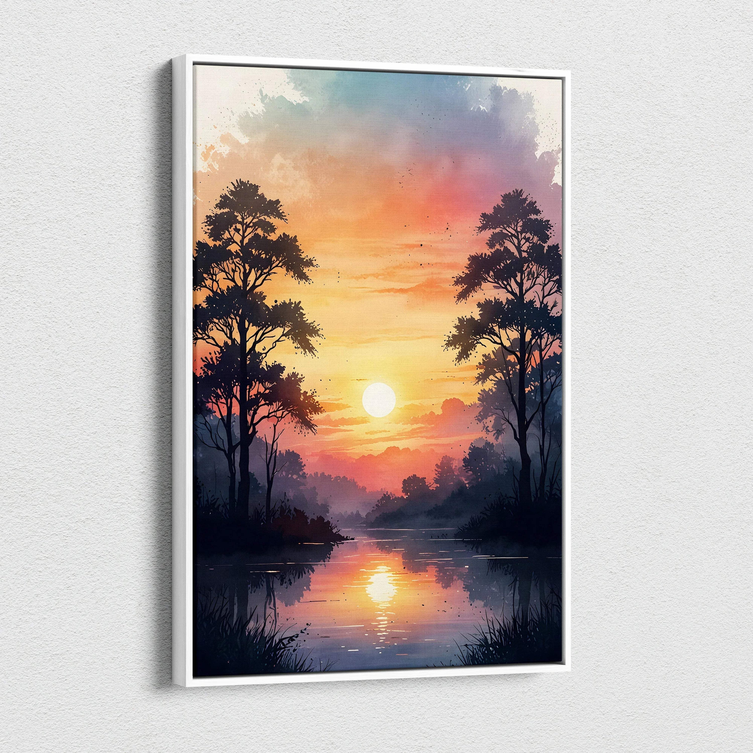 Sunset watercolor canvas wall art with vibrant orange sky and silhouetted trees reflected in calm water.
