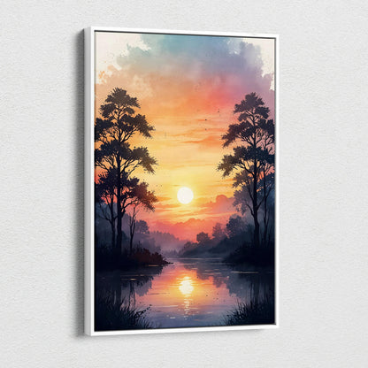 Sunset watercolor canvas wall art with vibrant orange sky and silhouetted trees reflected in calm water.